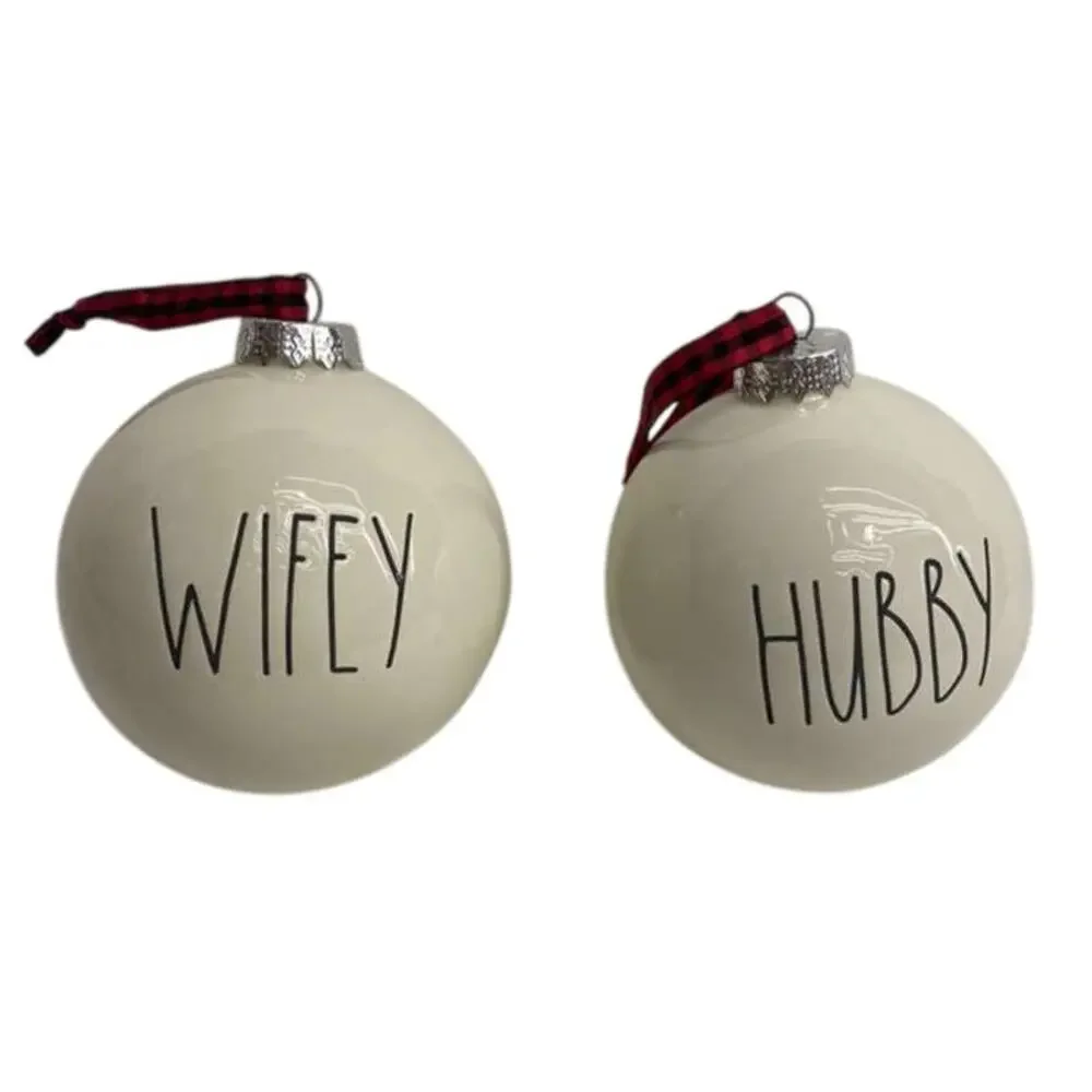 Rae Dunn By Magenta Ceramic Ball White Ornaments - Wifey - Hubby